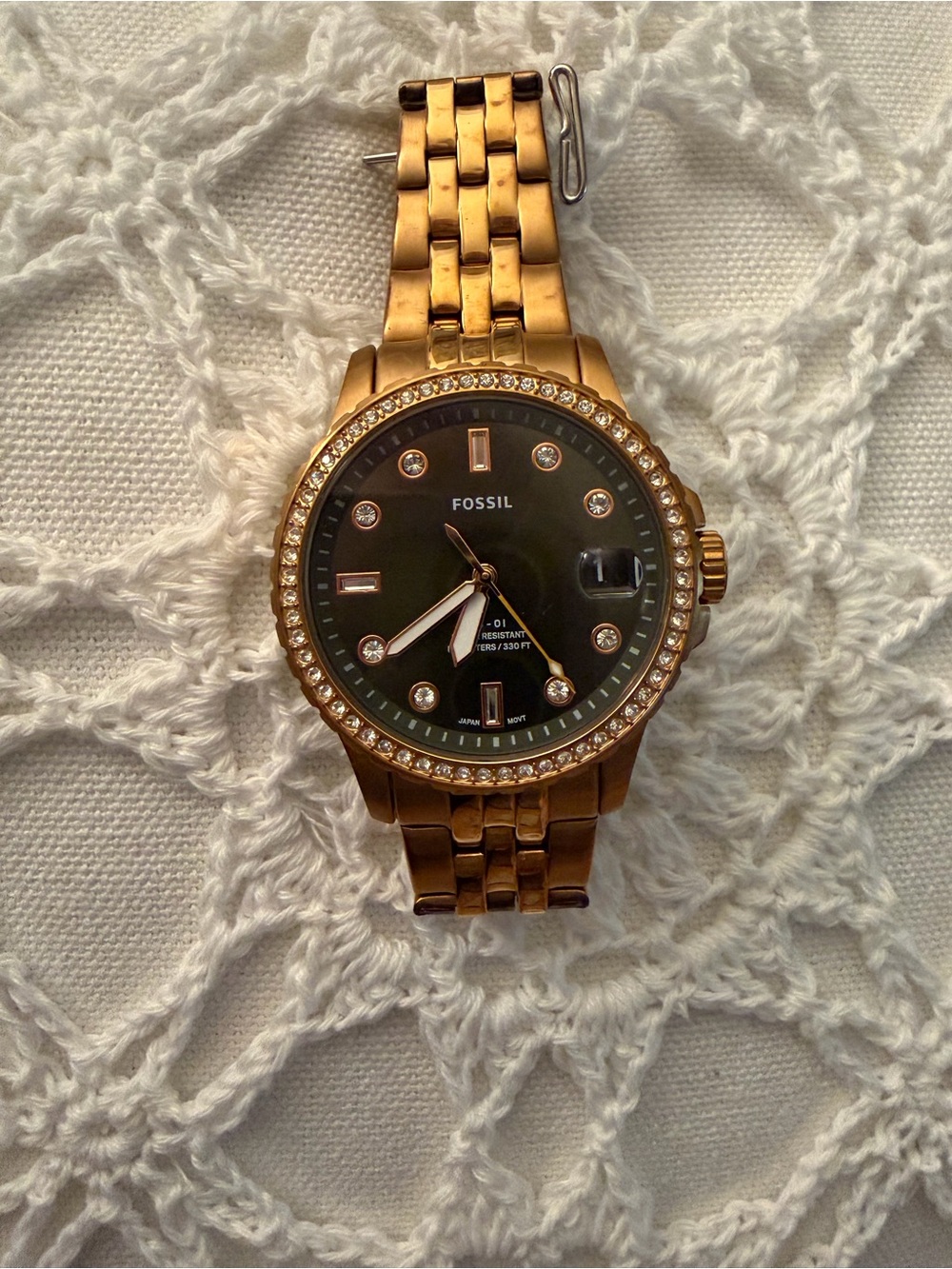 Fossil Rose Gold Watch with Black Dial and Crystal Accents